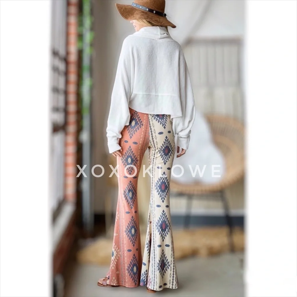 Aztec Print Half & Half Bell Bottom Flares High Waist Slim Fit - Picture 11 of 15
